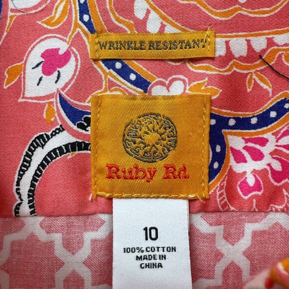 Ruby Rd Womens Shirt Size 10 Red Geo Preppy Print Long Sleeve Button Up - Picture 7 of 10